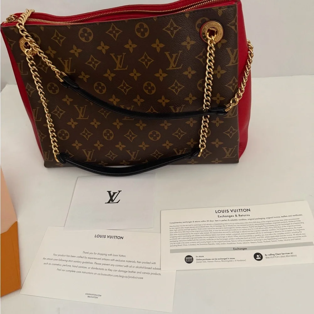 RARE Louis Vuitton Red and Brown Monogram Chain Shoulder Bag Leather Trim - Picture 11 of 16
